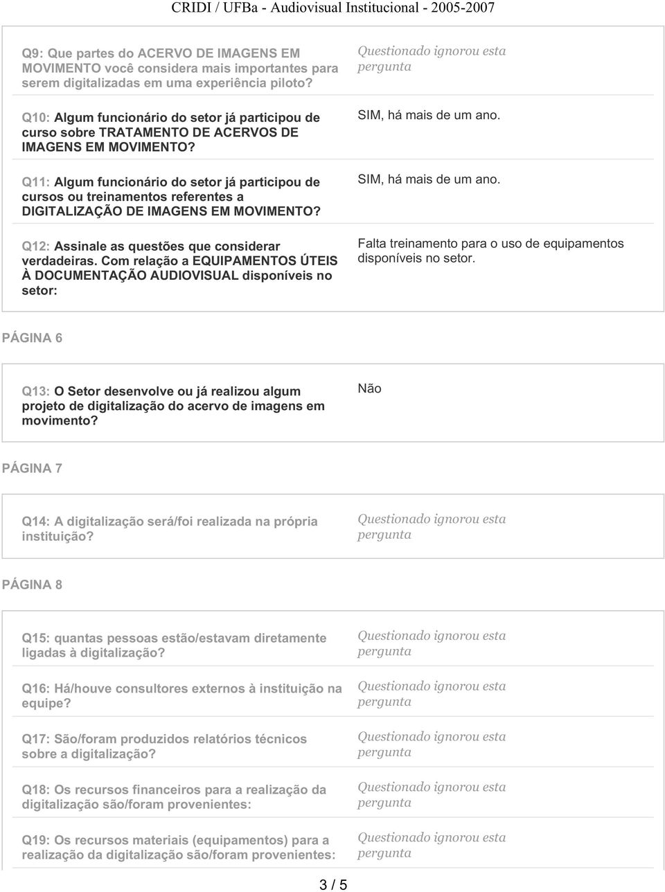 Q11: Algum funcionário do setor já participou de cursos ou treinamentos referentes a DIGITALIZAÇÃO DE IMAGENS EM MOVIMENTO? Q12: Assinale as questões que considerar verdadeiras.