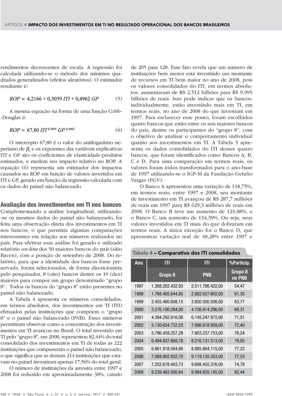 O estimador resultante é: (5) A mesma equação na forma de uma função Cobb- -Douglas é: (6) O intercepto 67,80 é o valor do antilogaritmo neperiano de b 0 e os expoentes das variáveis explicativas ITI