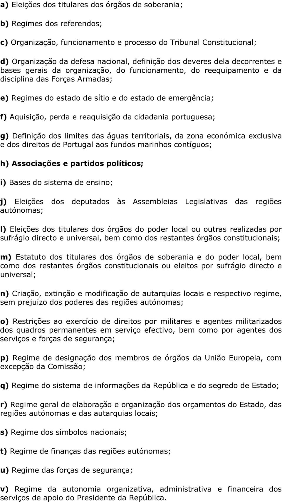 perda e reaquisição da cidadania portuguesa; g) Definição dos limites das águas territoriais, da zona económica exclusiva e dos direitos de Portugal aos fundos marinhos contíguos; h) Associações e