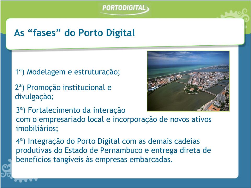 novos ativos imobiliários; 4ª) Integração do Porto Digital com as demais cadeias
