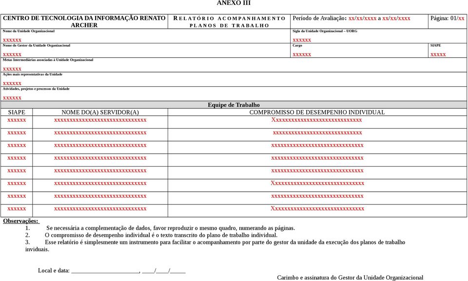 xx/xx/ Sigla da Unidade Organizacional UORG xx Equipe de Trabalho SIAPE NOME DO(A) SERVIDOR(A) COMPROMISSO DE DESEMPENHO INDIVIDUAL xx xx X xx Cargo xx Página: 0/xx SIAPE x xx xx x xx xx xx xx xx xx