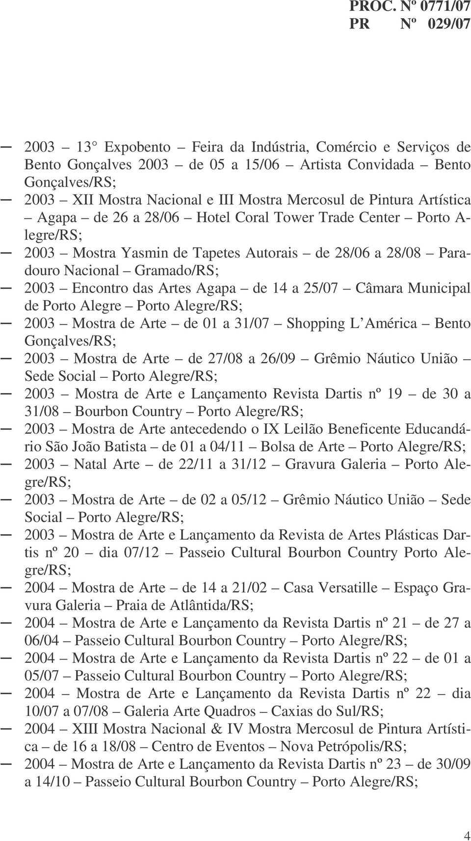 14 a 25/07 Câmara Municipal de Porto Alegre Porto 2003 Mostra de Arte de 01 a 31/07 Shopping L América Bento Gonçalves/RS; 2003 Mostra de Arte de 27/08 a 26/09 Grêmio Náutico União Sede Social Porto