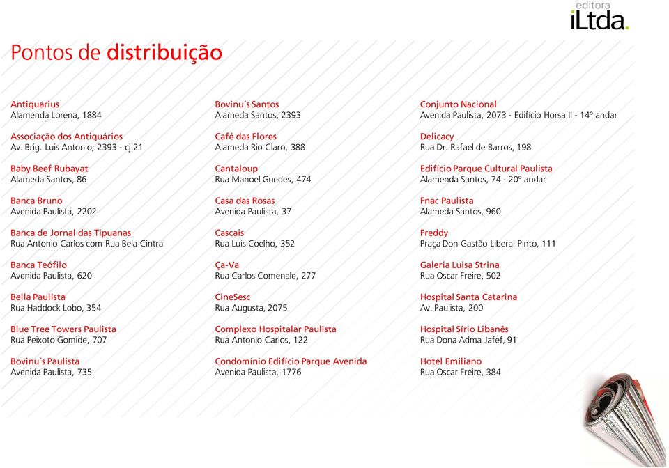 620 Bella Paulista Rua Haddock Lobo, 354 Blue Tree Towers Paulista Rua Peixoto Gomide, 707 Bovinu s Paulista Avenida Paulista, 735 Bovinu s Santos Alameda Santos, 2393 Café das Flores Alameda Rio