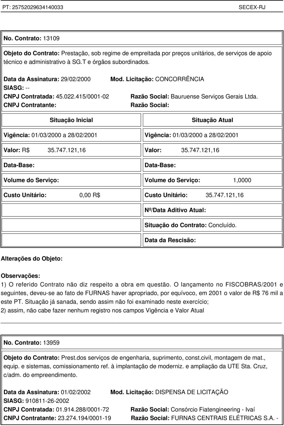 CNPJ Contratante: Razão Social: Situação Inicial Situação Atual Vigência: 01/03/2000 a 28/02/2001 Vigência: 01/03/2000 a 28/02/2001 Valor: R$ 35.747.