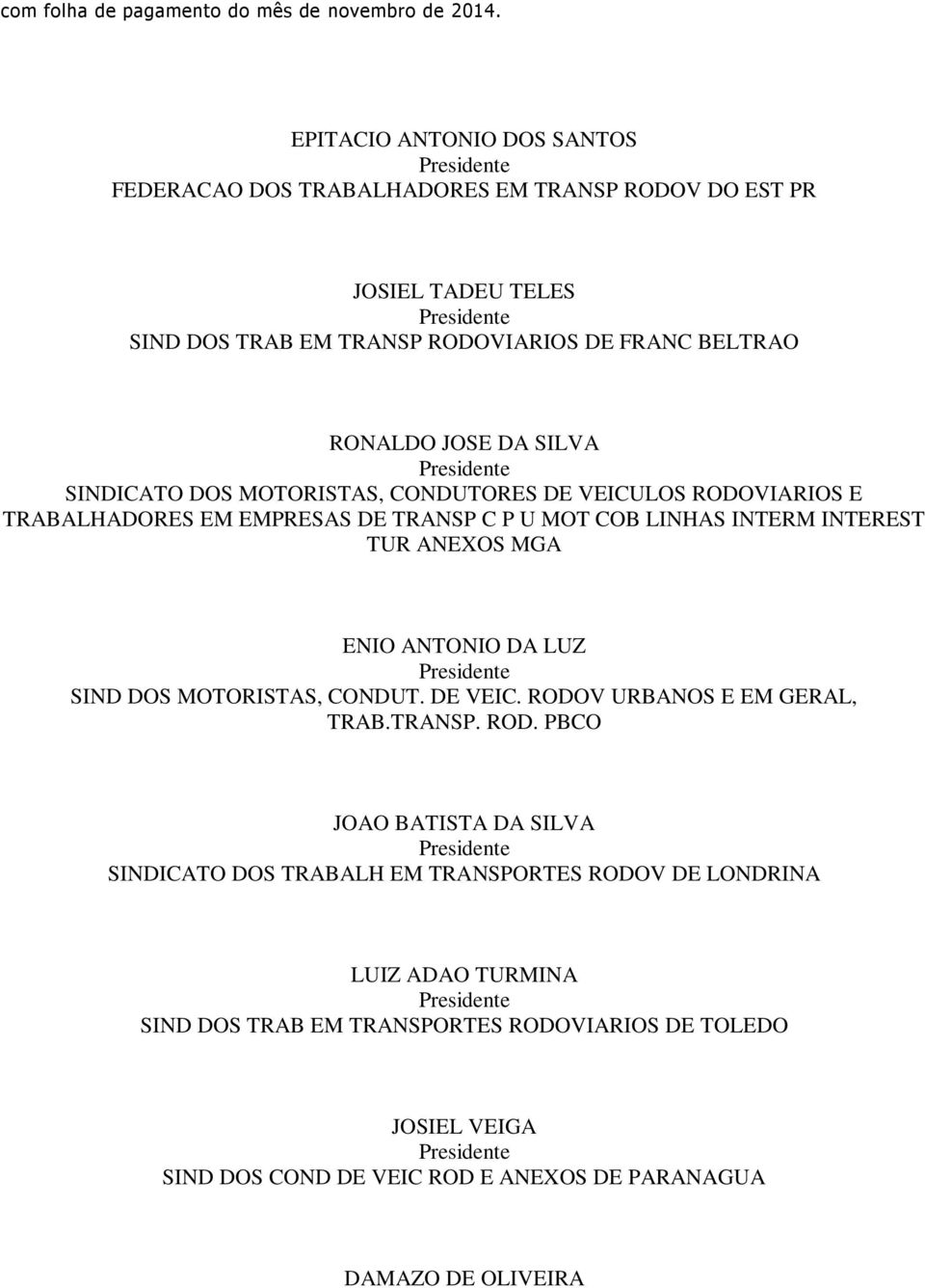 SINDICATO DOS MOTORISTAS, CONDUTORES DE VEICULOS RODOVIARIOS E TRABALHADORES EM EMPRESAS DE TRANSP C P U MOT COB LINHAS INTERM INTEREST TUR ANEXOS MGA ENIO ANTONIO DA LUZ SIND