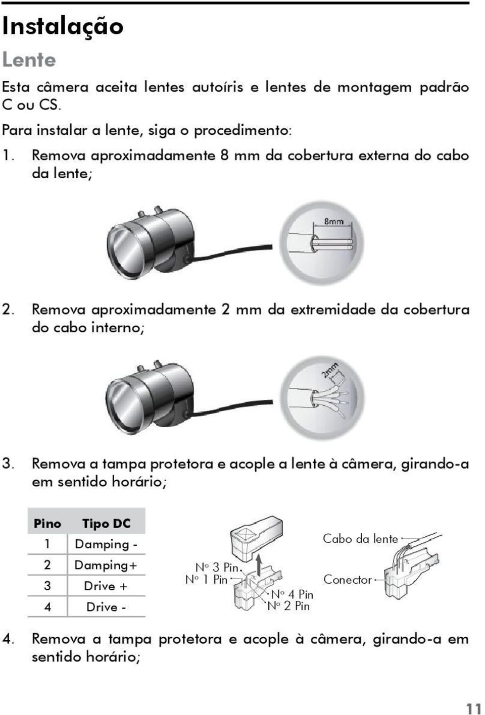 Remova aproximadamente 2 mm da extremidade da cobertura do cabo interno; 3.