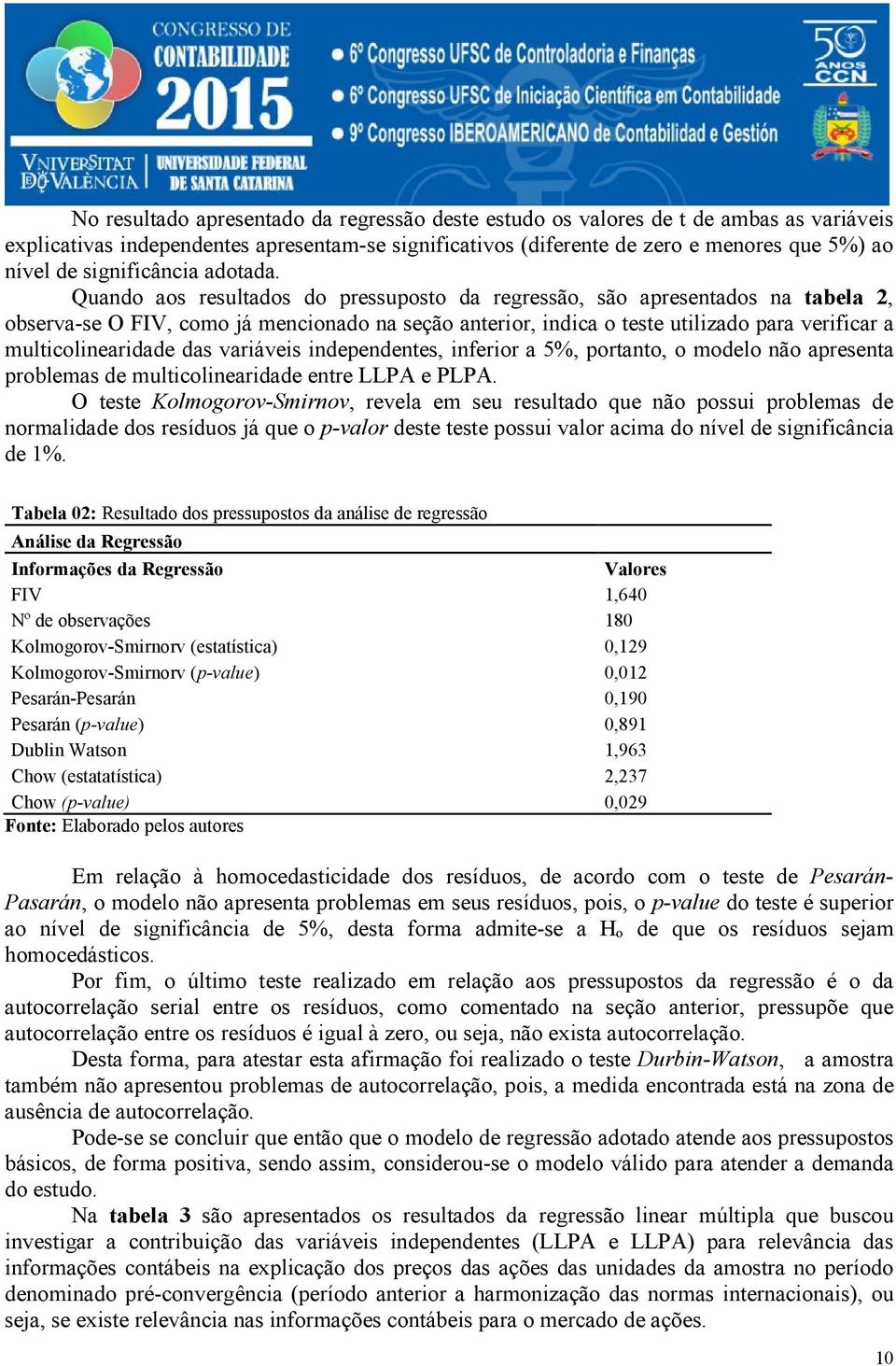 Quando aos resultados do pressuposto da regressão, são apresentados na tabela 2, observa-se O FIV, como já mencionado na seção anterior, indica o teste utilizado para verificar a multicolinearidade