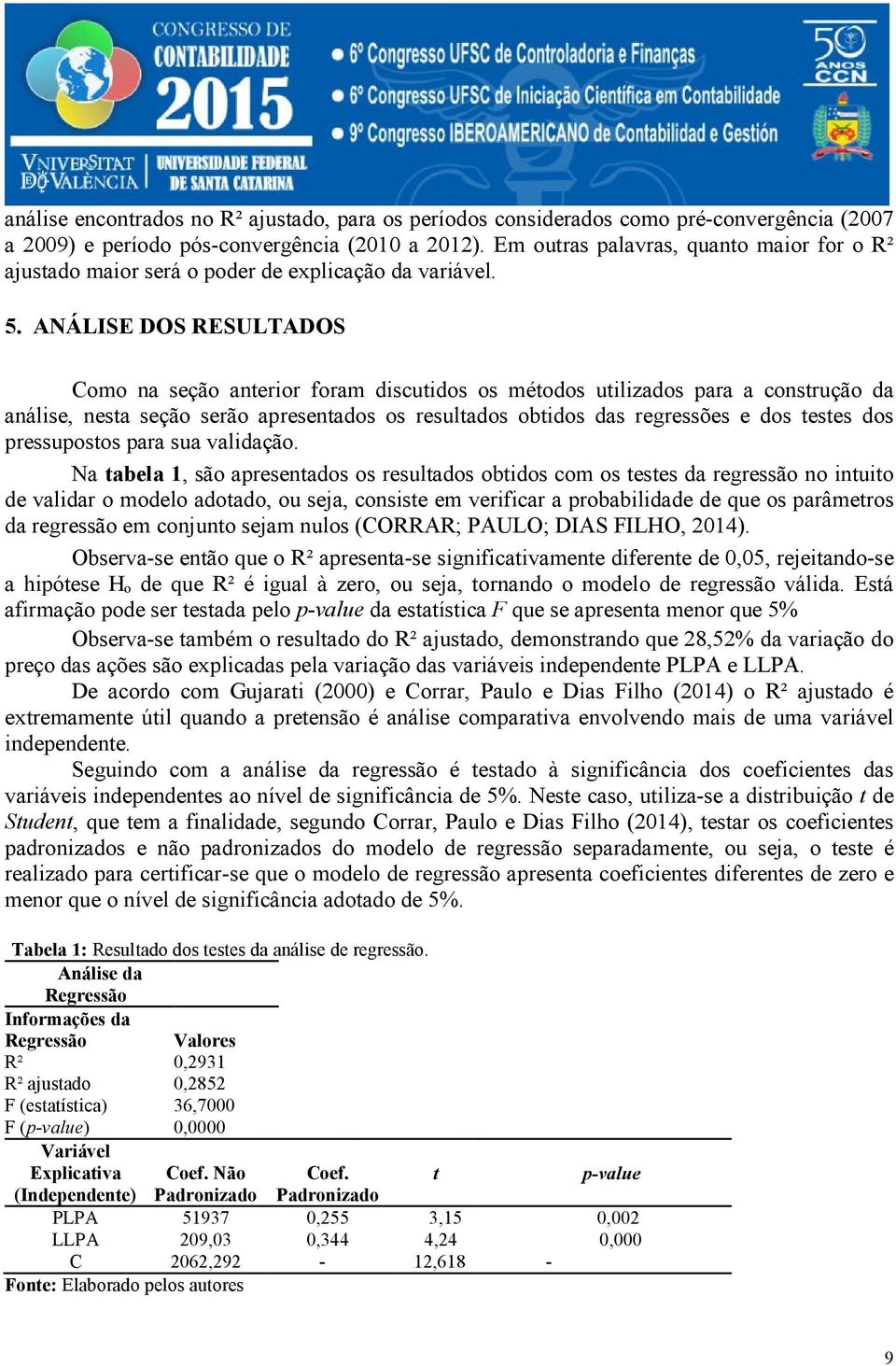 ANÁLISE DOS RESULTADOS Como na seção anterior foram discutidos os métodos utilizados para a construção da análise, nesta seção serão apresentados os resultados obtidos das regressões e dos testes dos