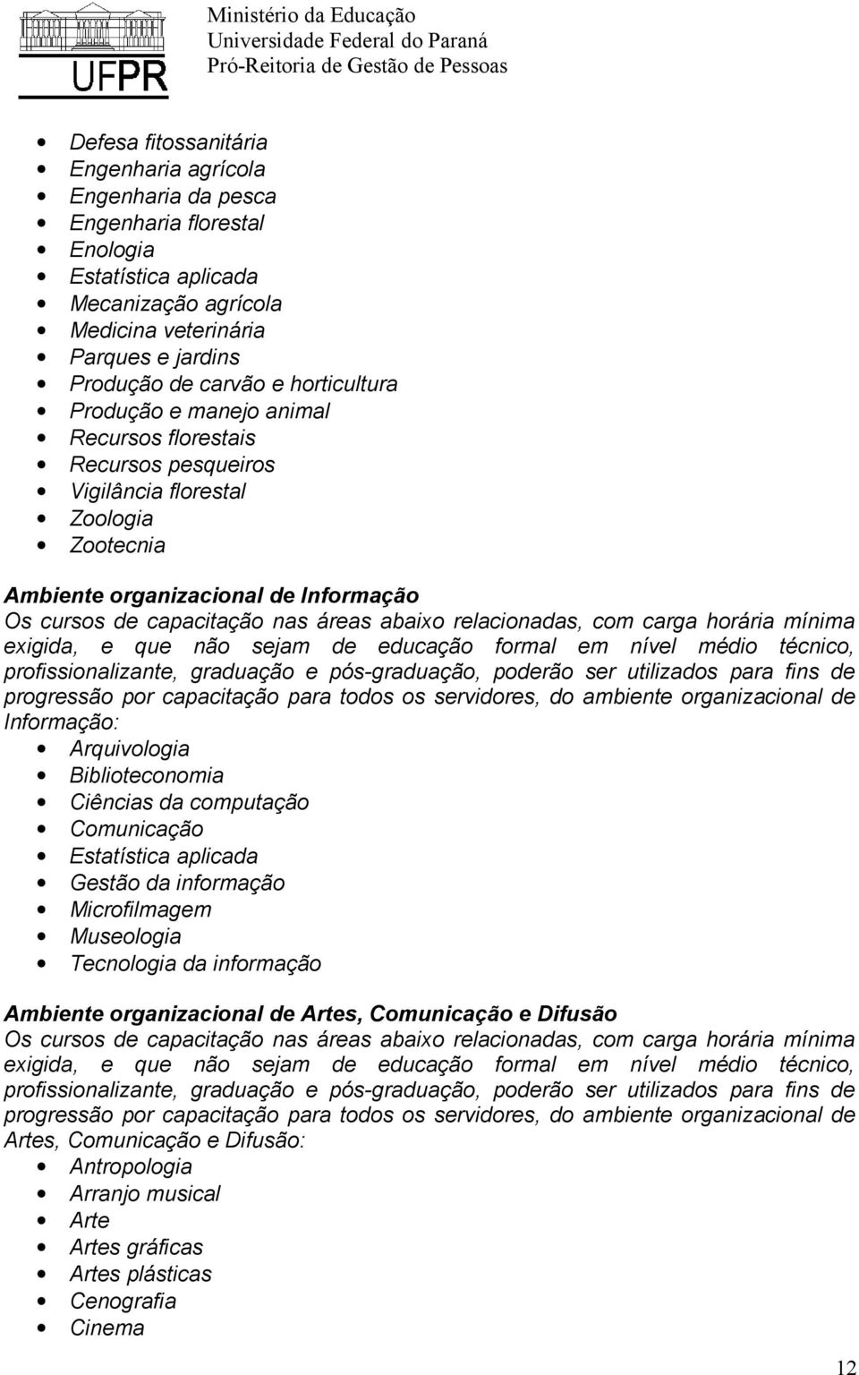 relacionadas, com carga horária mínima exigida, e que não sejam de educação formal em nível médio técnico, progressão por capacitação para todos os servidores, do ambiente organizacional de