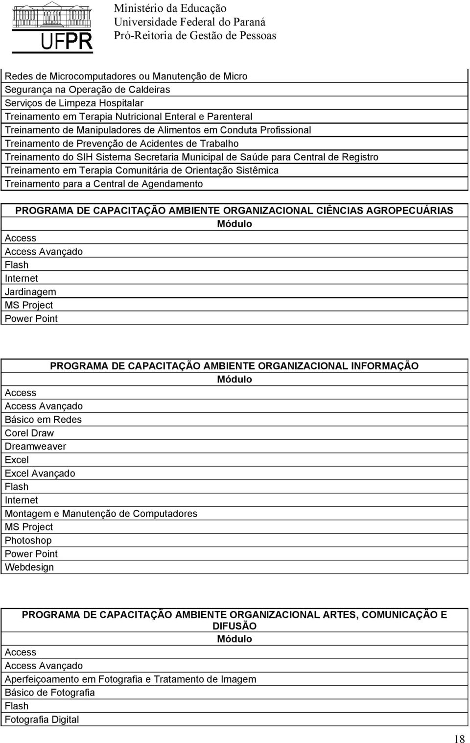 Terapia Comunitária de Orientação Sistêmica Treinamento para a Central de Agendamento PROGRAMA DE CAPACITAÇÃO AMBIENTE ORGANIZACIONAL CIÊNCIAS AGROPECUÁRIAS Access Access Avançado Flash Internet