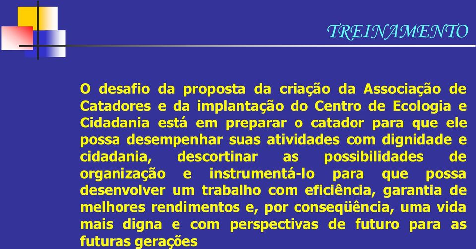 descortinar as possibilidades de organização e instrumentá-lo para que possa desenvolver um trabalho com eficiência,