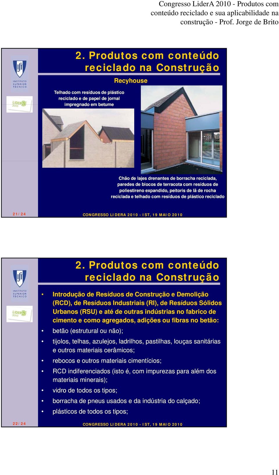 Resíduos Sólidos Urbanos (RSU) e até de outras indústrias no fabrico de cimento e como agregados, adições ou fibras no betão: betão (estrutural ou não); tijolos, telhas, azulejos, ladrilhos,