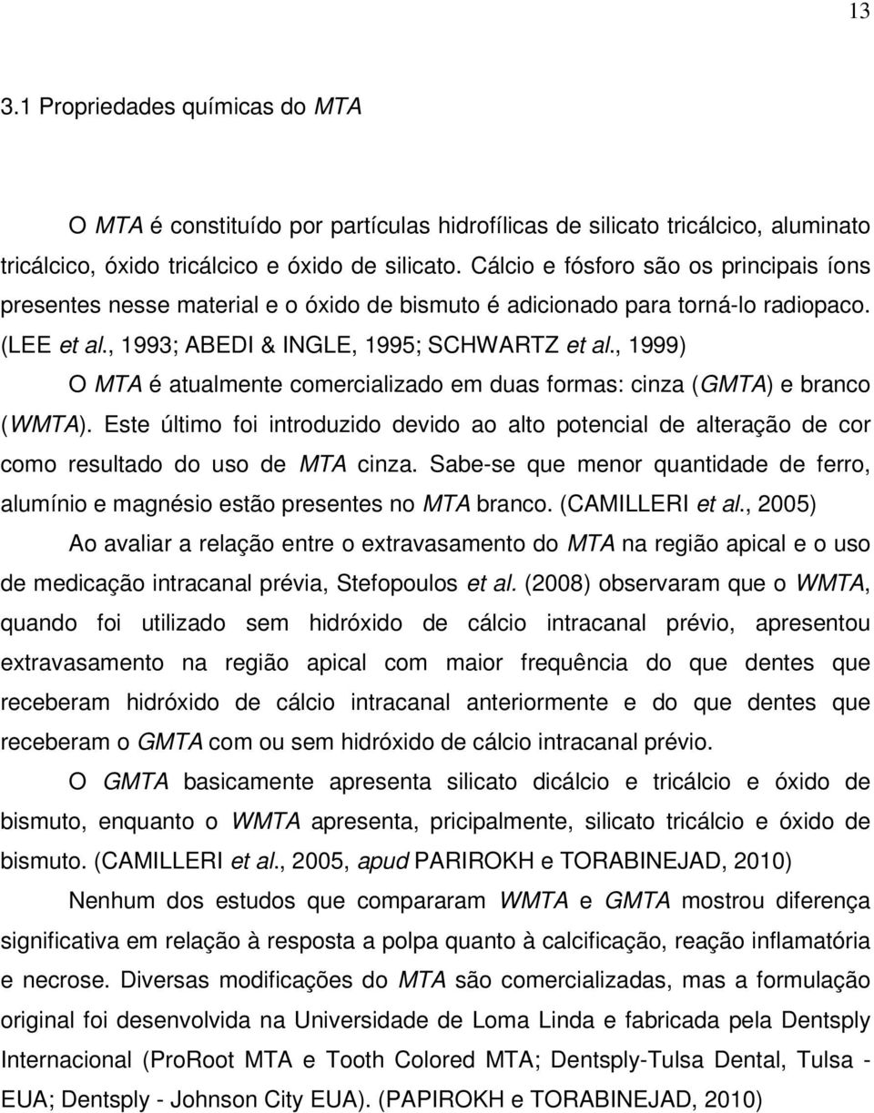 , 1999) O MTA é atualmente comercializado em duas formas: cinza (GMTA) e branco (WMTA). Este último foi introduzido devido ao alto potencial de alteração de cor como resultado do uso de MTA cinza.