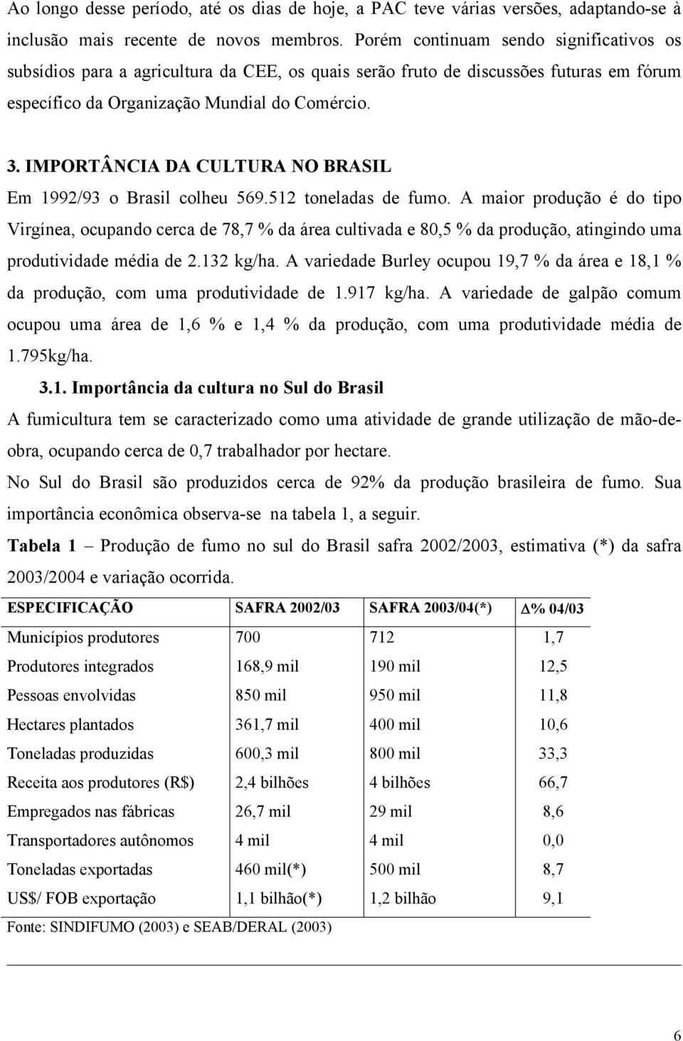 IMPORTÂNCIA DA CULTURA NO BRASIL Em 1992/93 o Brasil colheu 569.512 toneladas de fumo.