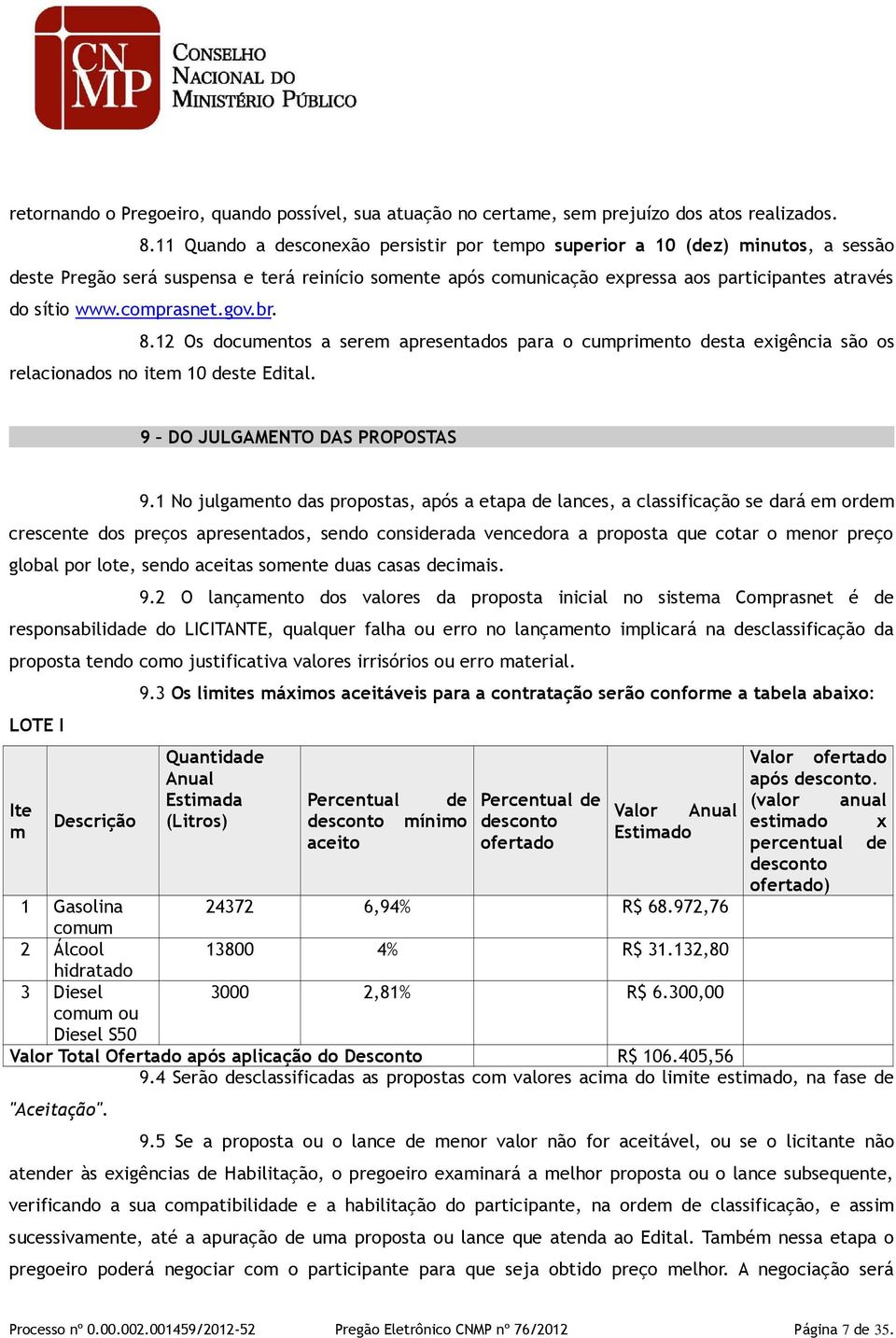 comprasnet.gov.br. 8.12 Os documentos a serem apresentados para o cumprimento desta exigência são os relacionados no item 10 deste Edital. 9 DO JULGAMENTO DAS PROPOSTAS 9.