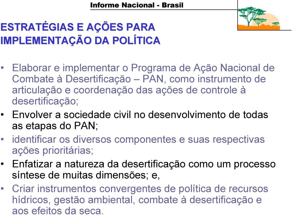 do PAN; identificar os diversos componentes e suas respectivas ações prioritárias; Enfatizar a natureza da desertificação como um processo síntese