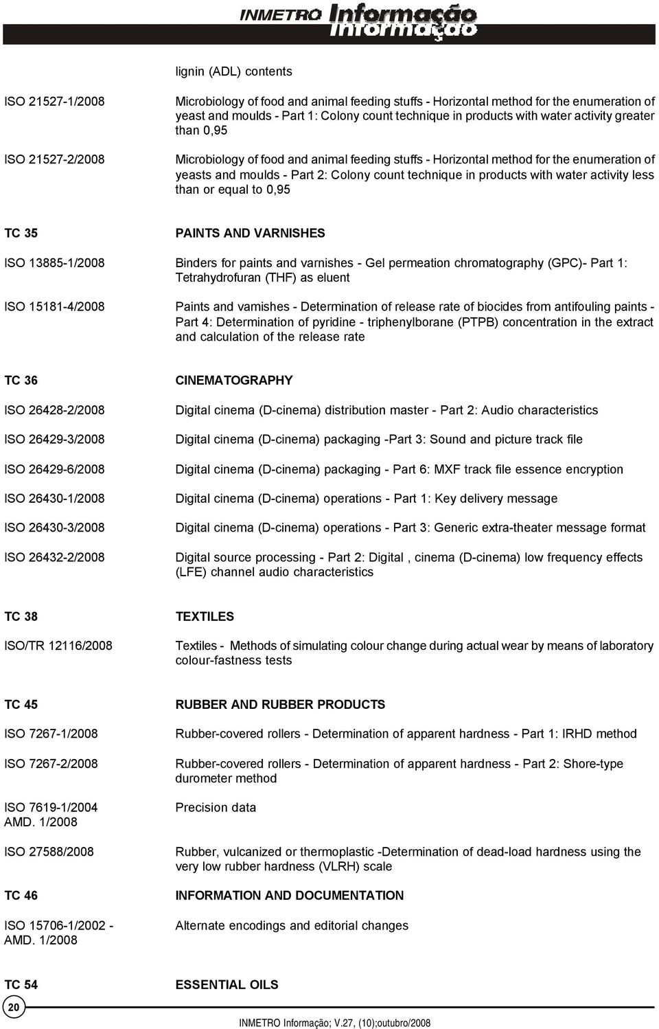 with water activity less than or equal to 0,95 TC 35 PAINTS AND VARNISHES ISO 13885-1/2008 Binders for paints and varnishes - Gel permeation chromatography (GPC)- Part 1: Tetrahydrofuran (THF) as