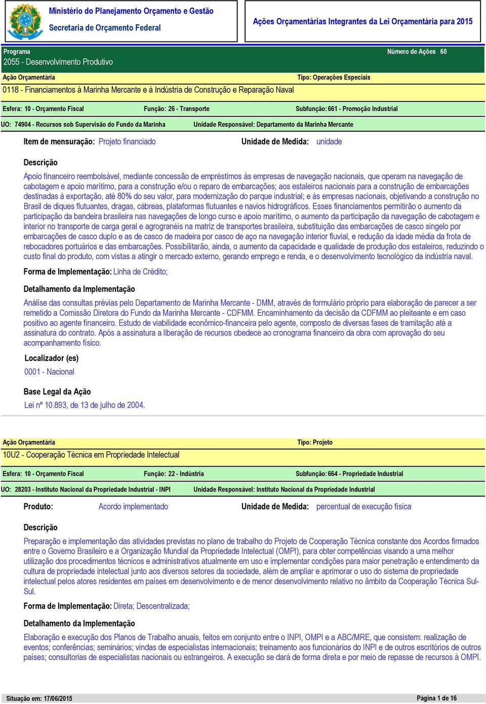 Projeto financiado Unidade de Medida: unidade Apoio financeiro reembolsável, mediante concessão de empréstimos às empresas de navegação nacionais, que operam na navegação de cabotagem e apoio