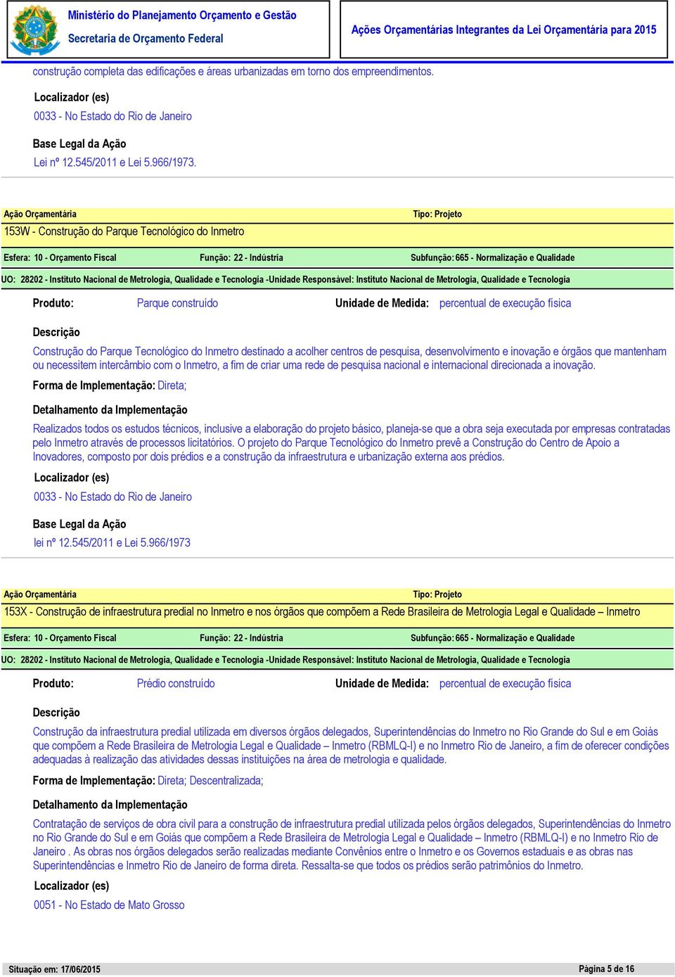 Qualidade e Tecnologia -Unidade Responsável: Instituto Nacional de Metrologia, Qualidade e Tecnologia Parque construído Unidade de Medida: percentual de execução física Construção do Parque