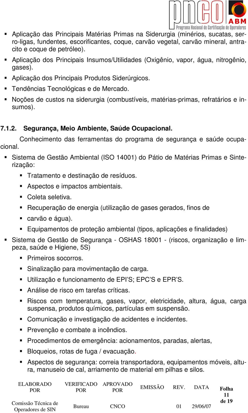 Noções de custos na siderurgia (combustíveis, matérias-primas, refratários e insumos). 7.1.2. Segurança, Meio Ambiente, Saúde Ocupacional.