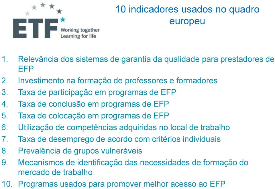 Taxa de colocação em programas de EFP 6. Utilização de competências adquiridas no local de trabalho 7.