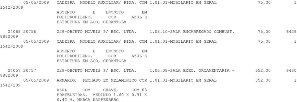 01-MOBILARIO EM GERAL 75,00 1 24057 20757 229-OBJETO MOVEIS P/ ESC. LTDA. 1.03.08-SALA EXEC.