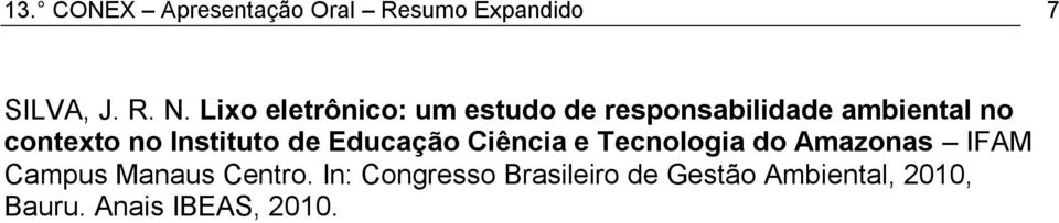 Instituto de Educação Ciência e Tecnologia do Amazonas IFAM Campus Manaus