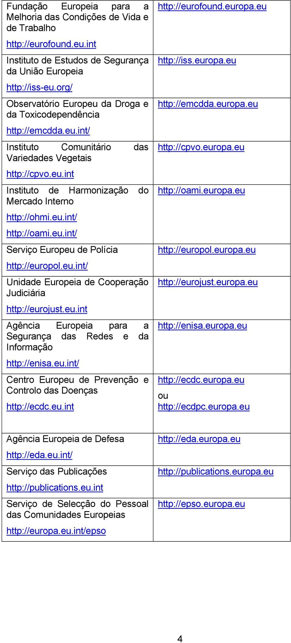 eu.int/ http://oami.eu.int/ Serviço Europeu de Polícia http://europol.eu.int/ Unidade Europeia de Cooperação Judiciária http://eurojust.eu.int Segurança das Redes e da Informação http://enisa.eu.int/ Centro Europeu de Prevenção e Controlo das Doenças http://ecdc.