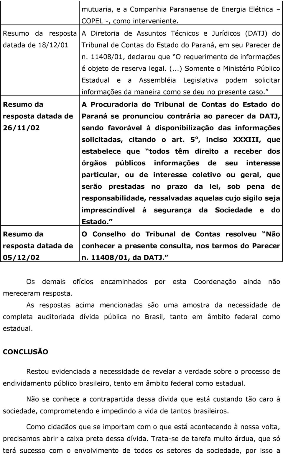 A Procuradoria do Tribunal de Contas do Estado do Paraná se pronunciou contrária ao parecer da DATJ, sendo favorável à disponibilização das informações solicitadas, citando o art.