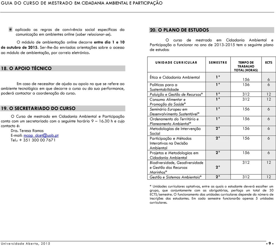 O APOIO TÉCNICO Em caso de necessitar de ajuda ou apoio no que se refere ao ambiente tecnológico em que decorre o curso ou da sua performance, poderá contactar a coordenação do curso. 19.