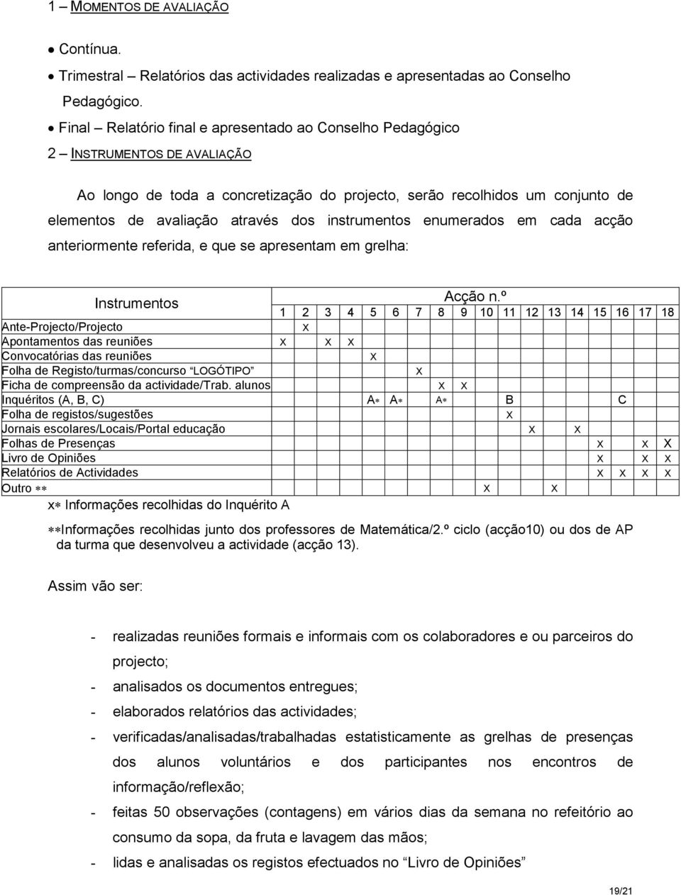 instrumentos enumerados em cada acção anteriormente referida, e que se apresentam em grelha: Instrumentos Acção n.