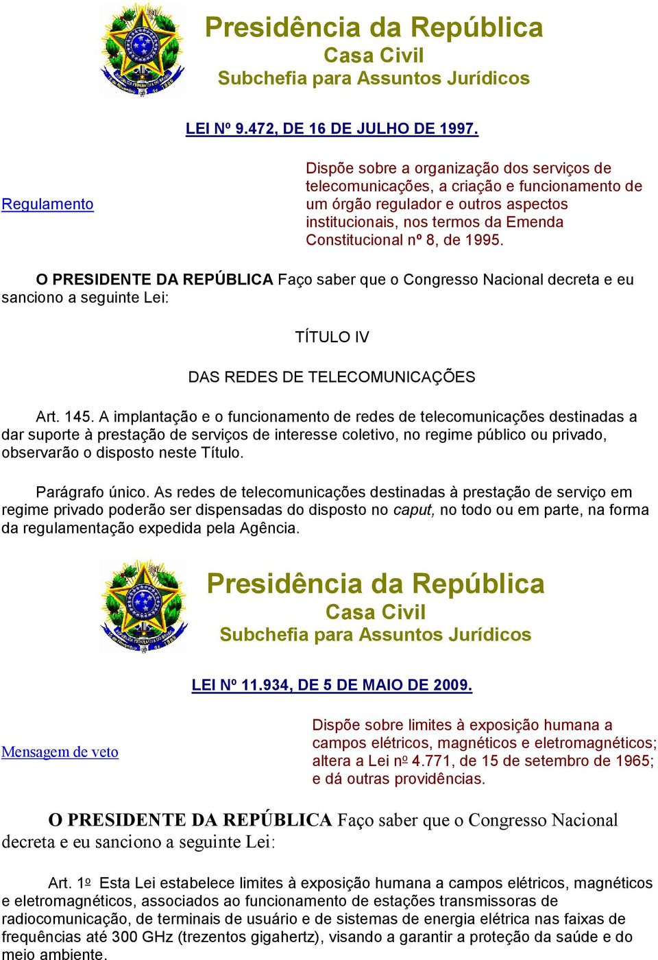 1995. O PRESIDENTE DA REPÚBLICA Faço saber que o Congresso Nacional decreta e eu sanciono a seguinte Lei: TÍTULO IV DAS REDES DE TELECOMUNICAÇÕES Art. 145.