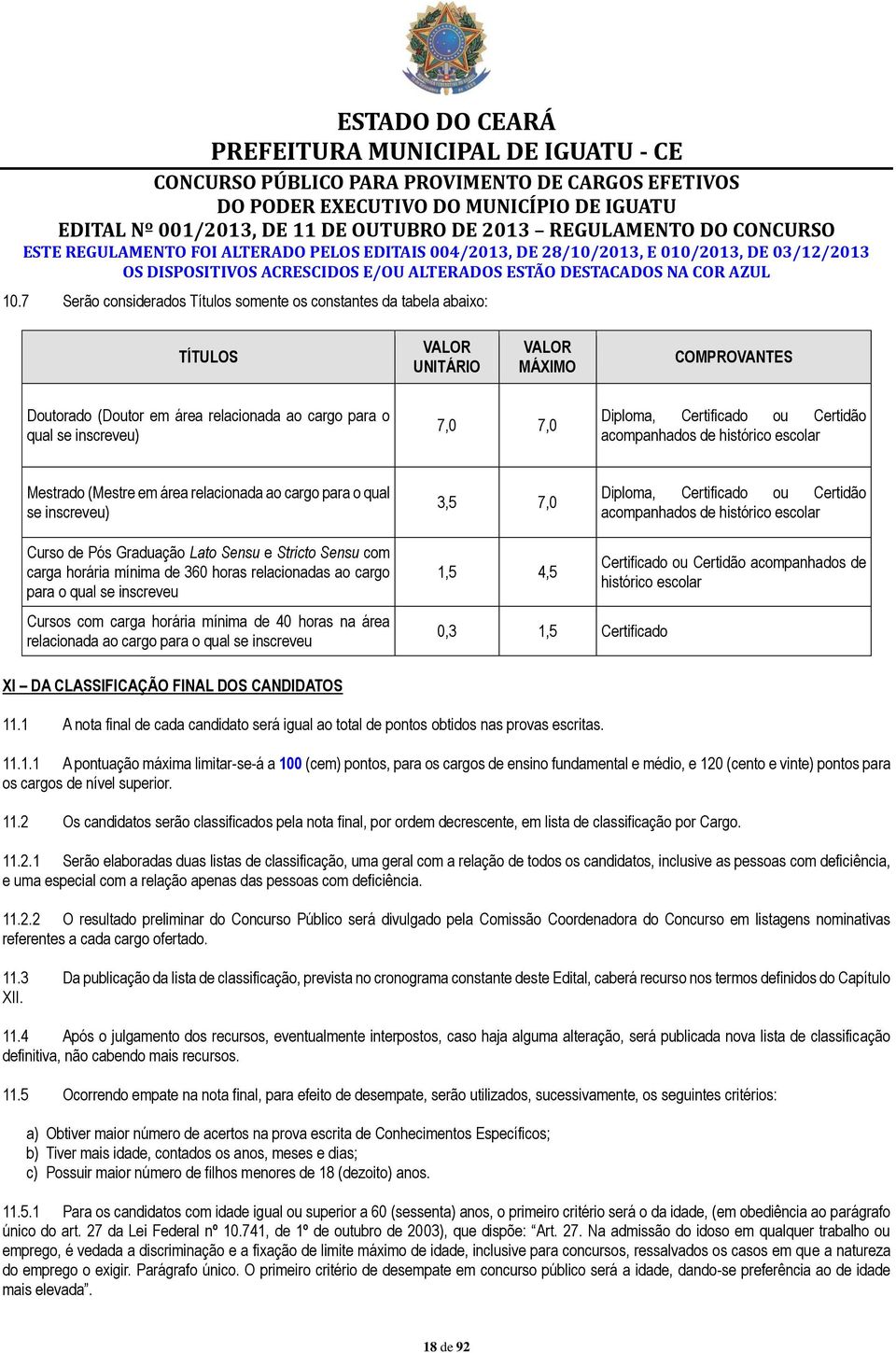 7 Serão considerados Títulos somente os constantes da tabela abaixo: TÍTULOS VALOR UNITÁRIO VALOR MÁXIMO COMPROVANTES Doutorado (Doutor em área relacionada ao cargo para o qual se inscreveu) 7,0 7,0