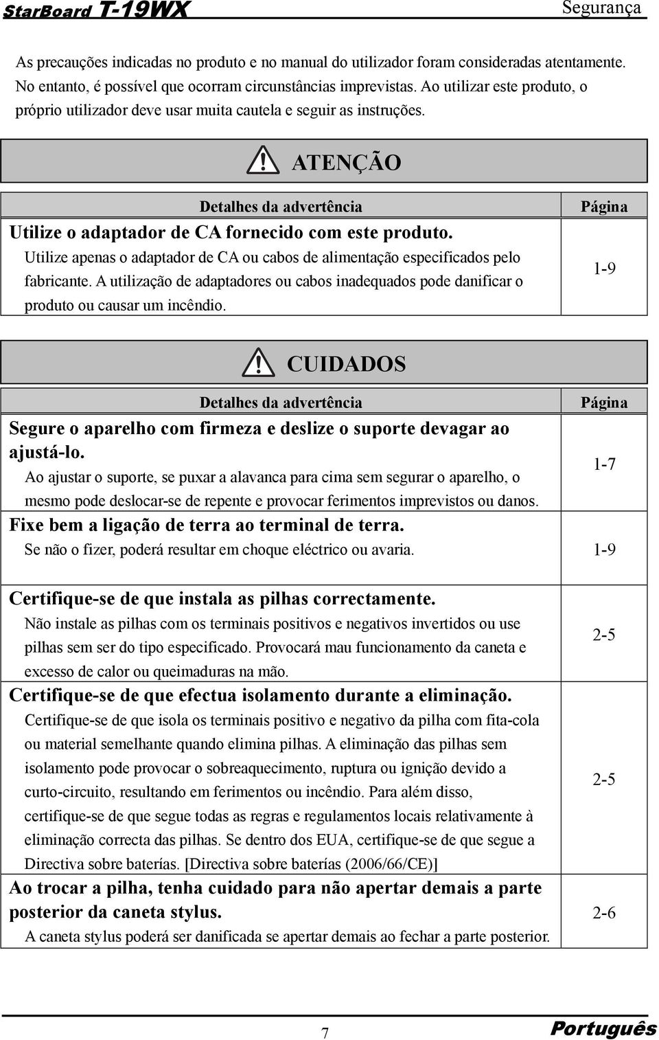 Utilize apenas o adaptador de CA ou cabos de alimentação especificados pelo fabricante. A utilização de adaptadores ou cabos inadequados pode danificar o produto ou causar um incêndio.