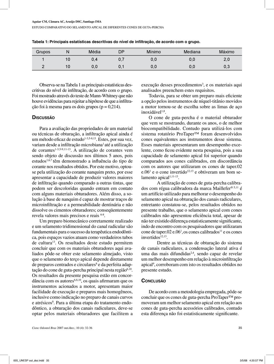 Foi mostrado através do teste de Mann-Whitney que não houve evidências para rejeitar a hipótese de que a infiltração foi à mesma para os dois grupos (p = 0,214).