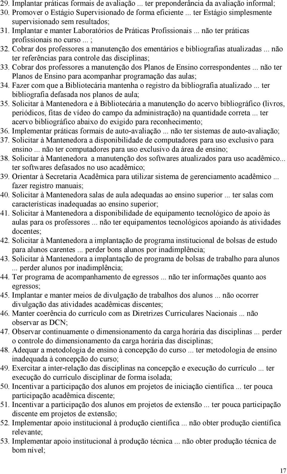 Cobrar dos professores a manutenção dos ementários e bibliografias atualizadas... não ter referências para controle das disciplinas; 33.