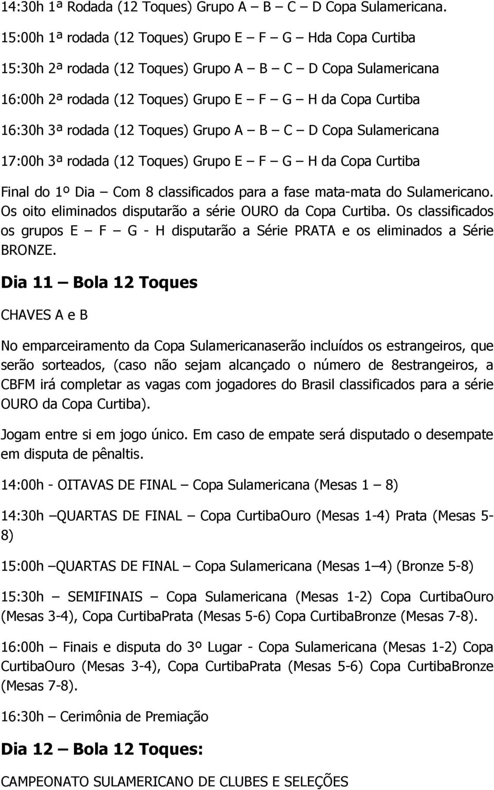 Toques) Grupo A B C D Copa Sulamericana 17:00h 3ª rodada (12 Toques) Grupo E F G H da Copa Curtiba Final do 1º Dia Com 8 classificados para a fase mata-mata do Sulamericano.