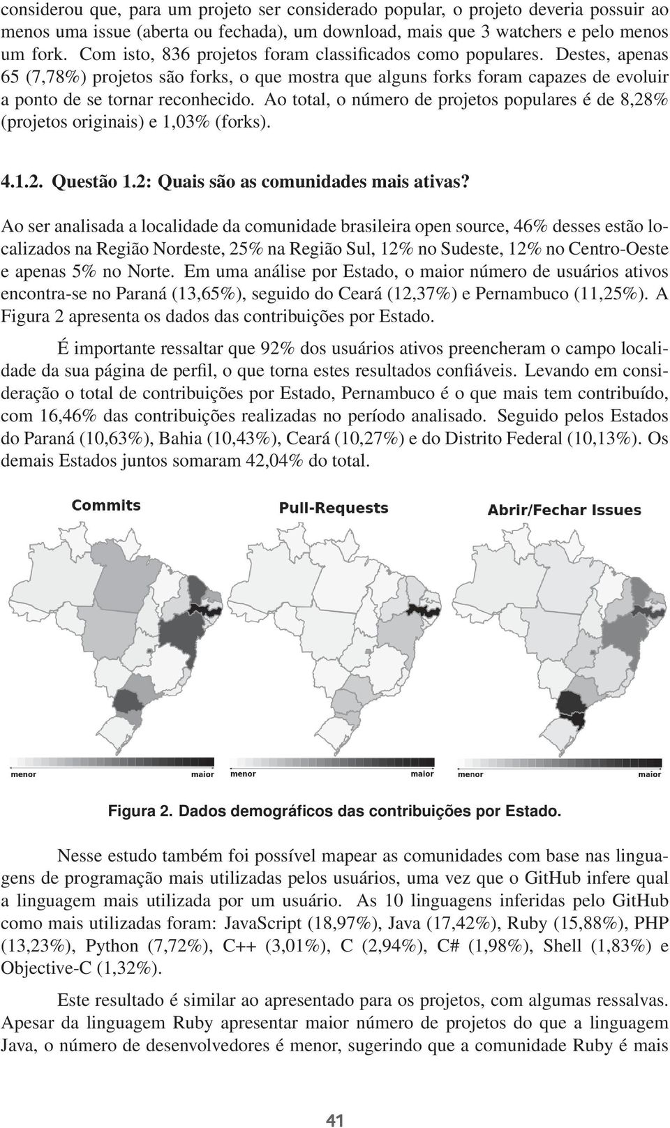 Ao total, o número de projetos populares é de 8,28% (projetos originais) e 1,03% (forks). 4.1.2. Questão 1.2: Quais são as comunidades mais ativas?