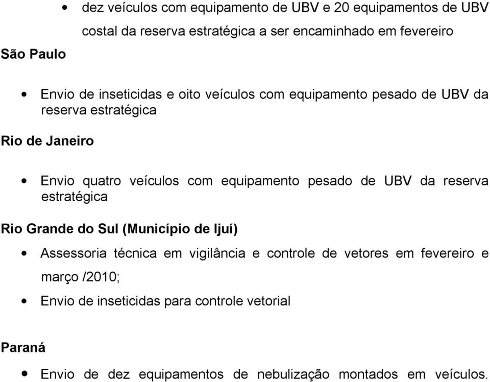 equipamento pesado de UBV da reserva estratégica Rio Grande do Sul (Município de Ijuí) Assessoria técnica em vigilância e controle de