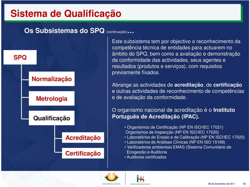 Abrange as actividades de acreditação, de certificação e outras actividades de reconhecimento de competências e de avaliação da conformidade.