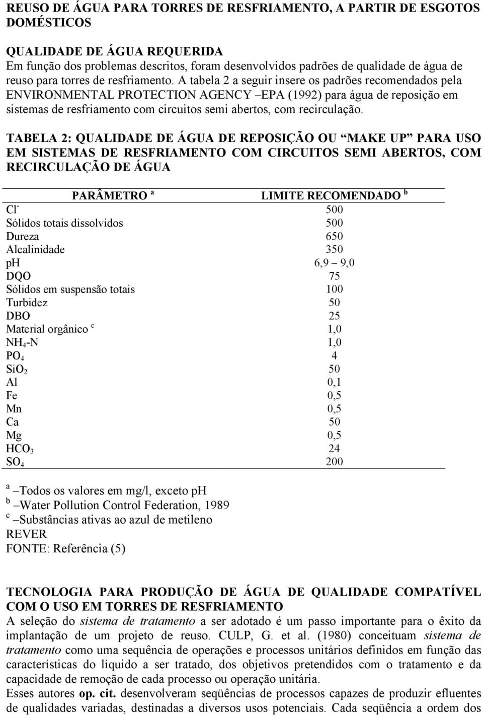 A tabela 2 a seguir insere os padrões recomendados pela ENVIRONMENTAL PROTECTION AGENCY EPA (1992) para água de reposição em sistemas de resfriamento com circuitos semi abertos, com recirculação.