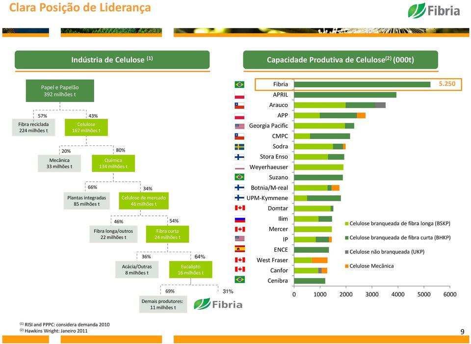 t 36% 64% 69% Demais produtores: 11 milhões t Eucalipto 16 milhões t 31% Fibria 5.