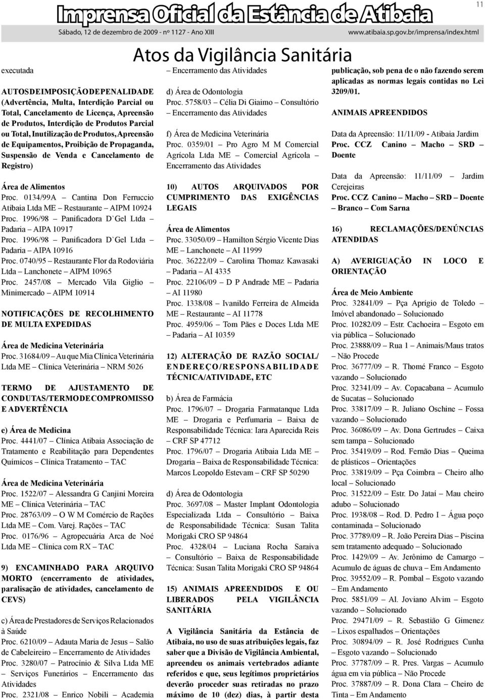 0134/99A Cantina Don Ferruccio Atibaia Ltda ME Restaurante AIPM 10924 Proc. 1996/98 Panificadora D`Gel Ltda Padaria AIPA 10917 Proc. 1996/98 Panificadora D`Gel Ltda Padaria AIPA 10916 Proc.