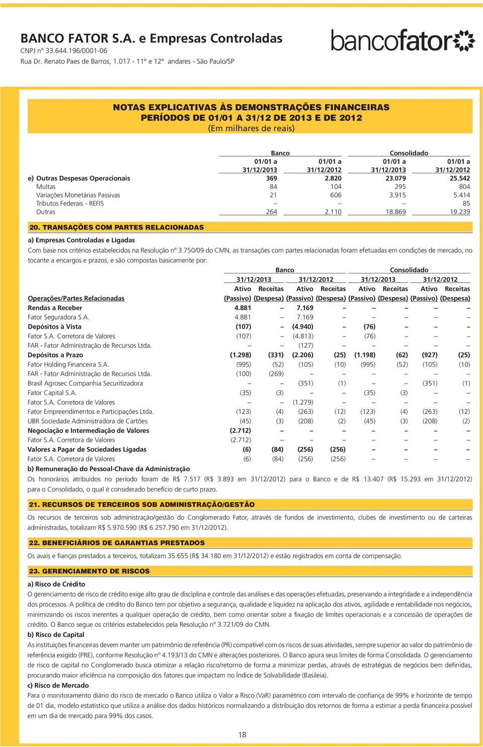 TRANSAÇÕES COM PARTES RELACIONADAS a) Empresas Controladas e Ligadas Com base nos critérios estabelecidos na Resolução nº 3.