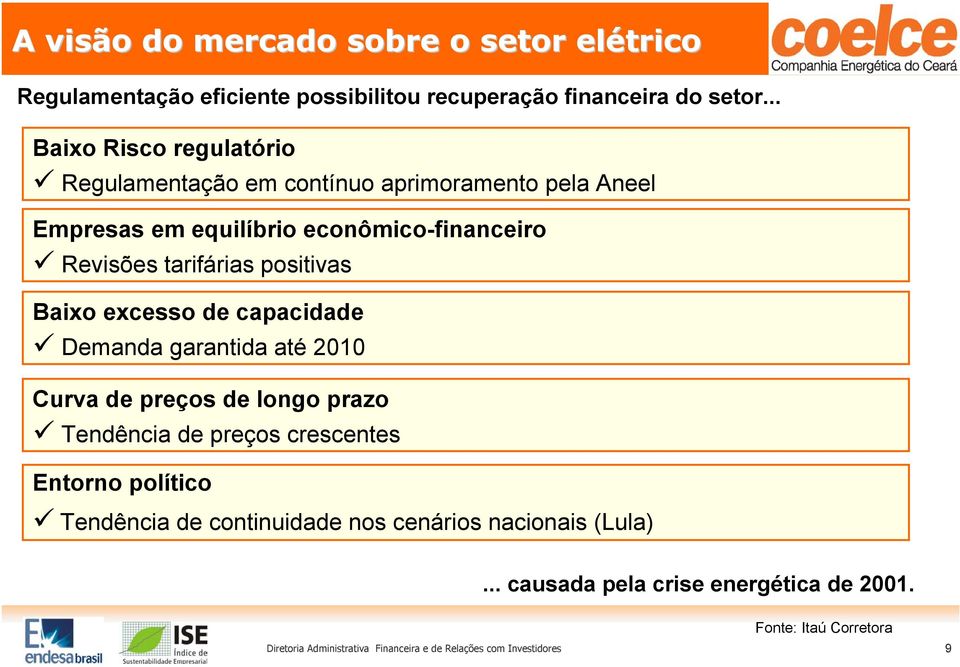 positivas Baixo excesso de capacidade Demanda garantida até 2010 Curva de preços de longo prazo Tendência de preços crescentes Entorno político