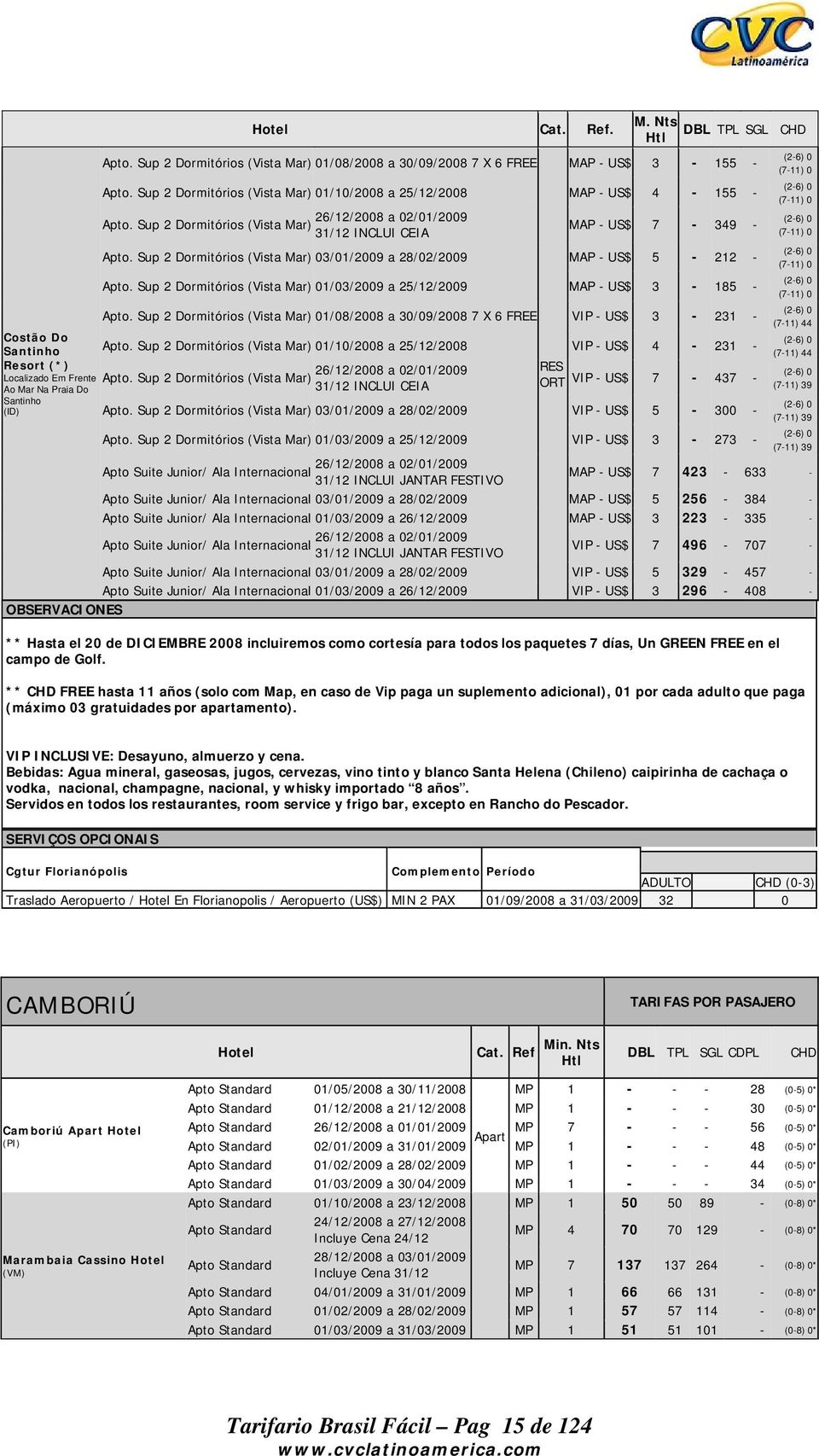 Sup 2 Dormitórios (Vista Mar) 03/01/2009 a 28/02/2009 MAP - US$ 5-212 - Apto. Sup 2 Dormitórios (Vista Mar) 01/03/2009 a 25/12/2009 MAP - US$ 3-185 - Apto.