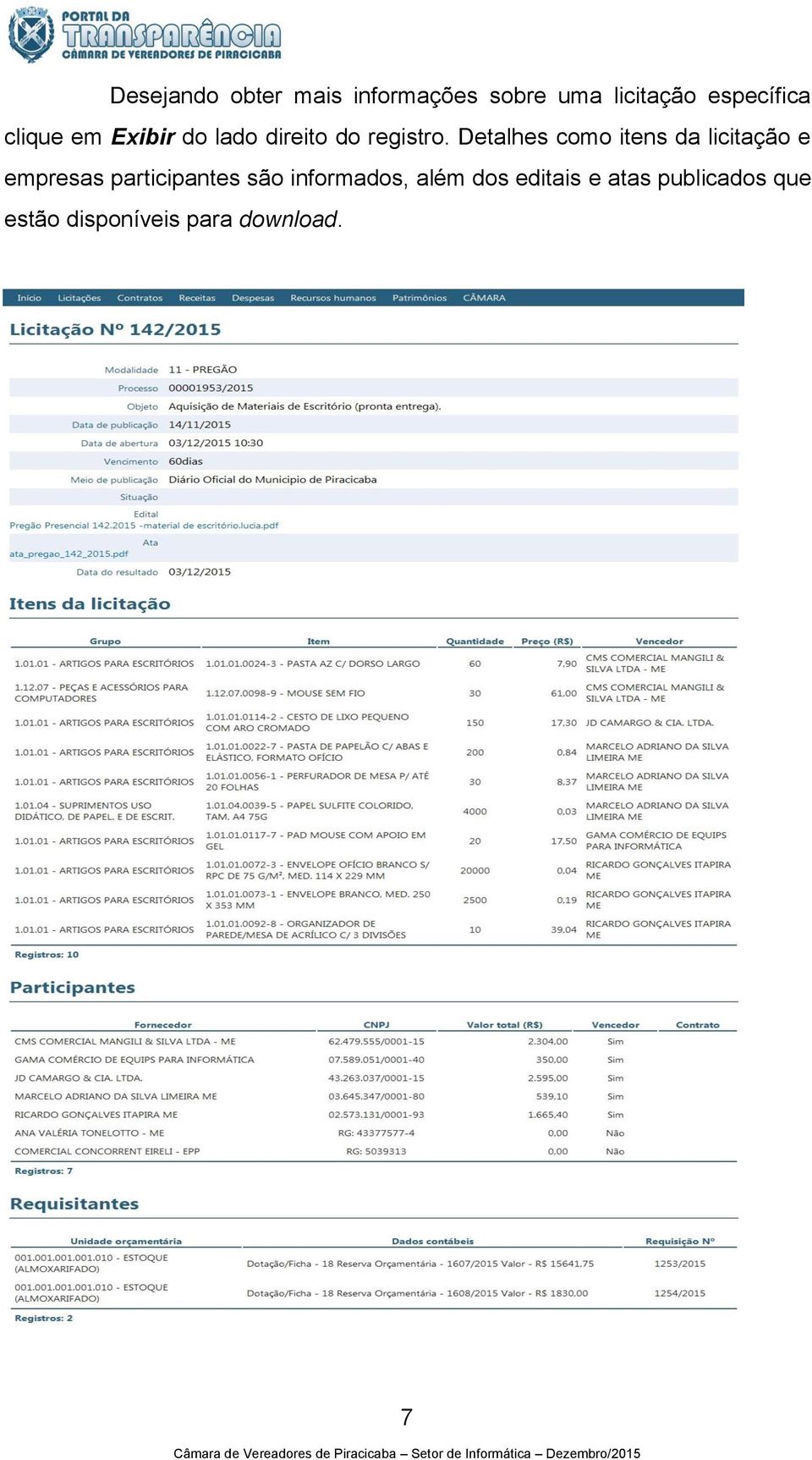 Detalhes como itens da licitação e empresas participantes são