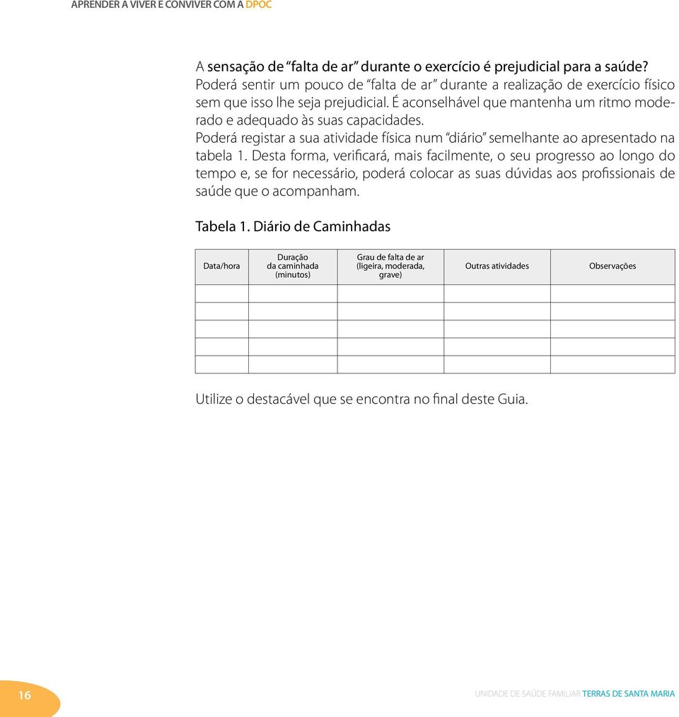 É aconselhável que mantenha um ritmo moderado e adequado às suas capacidades. Poderá registar a sua atividade física num diário semelhante ao apresentado na tabela 1.