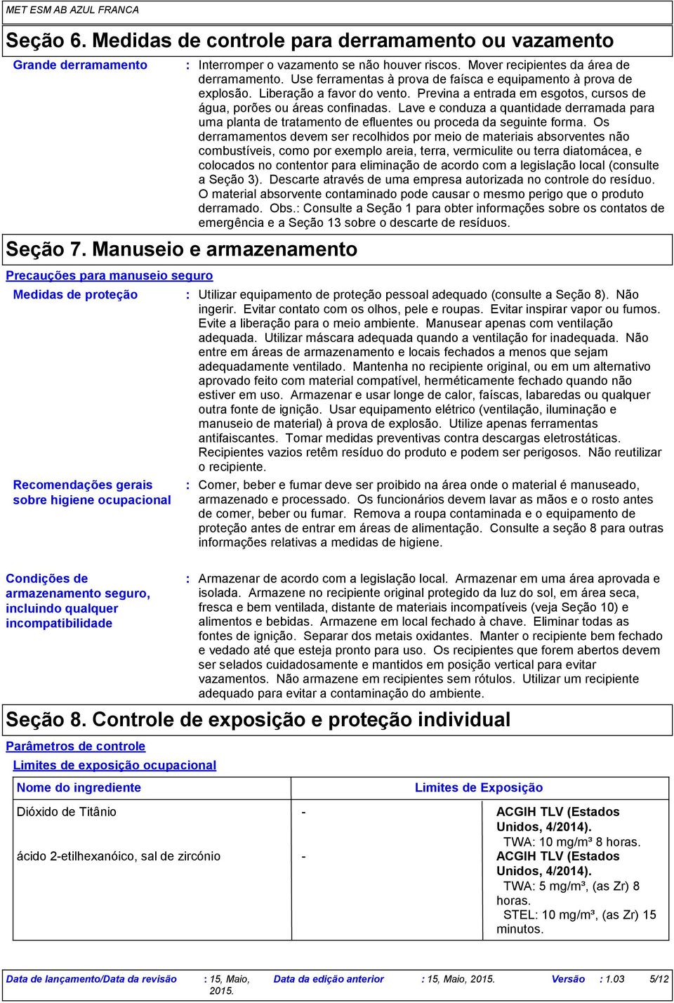 Mover recipientes da área de derramamento. Use ferramentas à prova de faísca e equipamento à prova de explosão. Liberação a favor do vento.