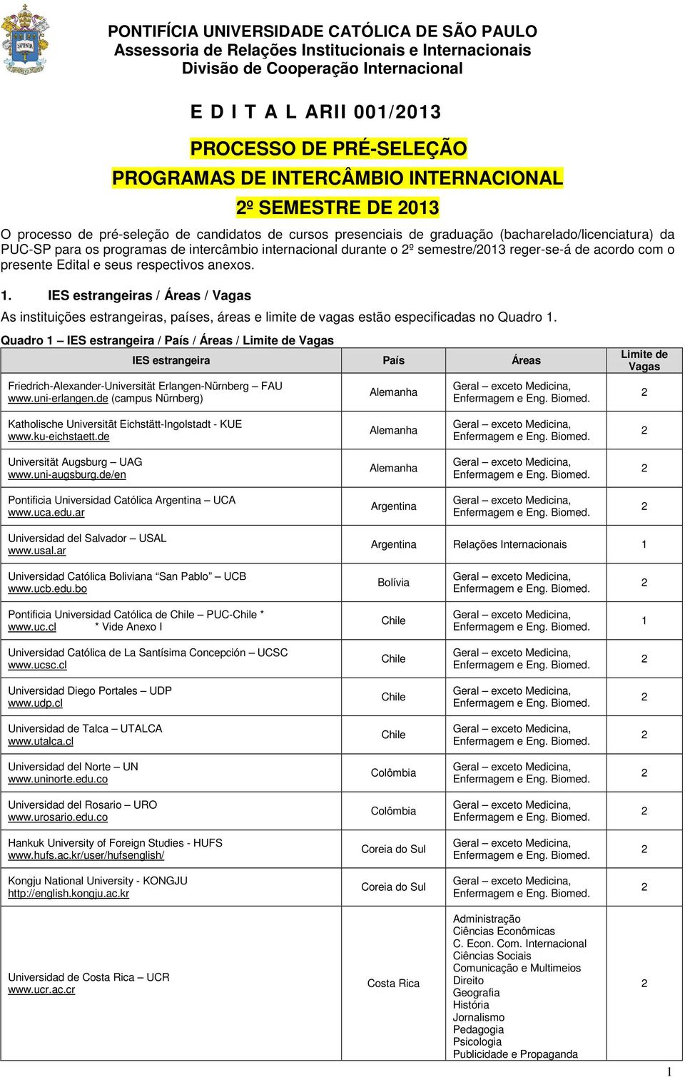 . IES estrangeiras / Áreas / Vagas As instituições estrangeiras, países, áreas e limite de vagas estão especificadas no Quadro.
